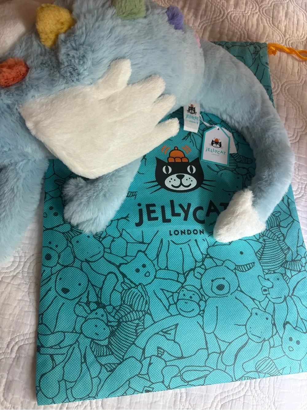 Jellycat Light Blue Plush Dragon with Multicolor Spots